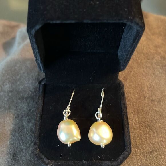12-14mm Peach Pearl Earrings 925 Sterling Silver Leverbacks - Picture 1 of 7